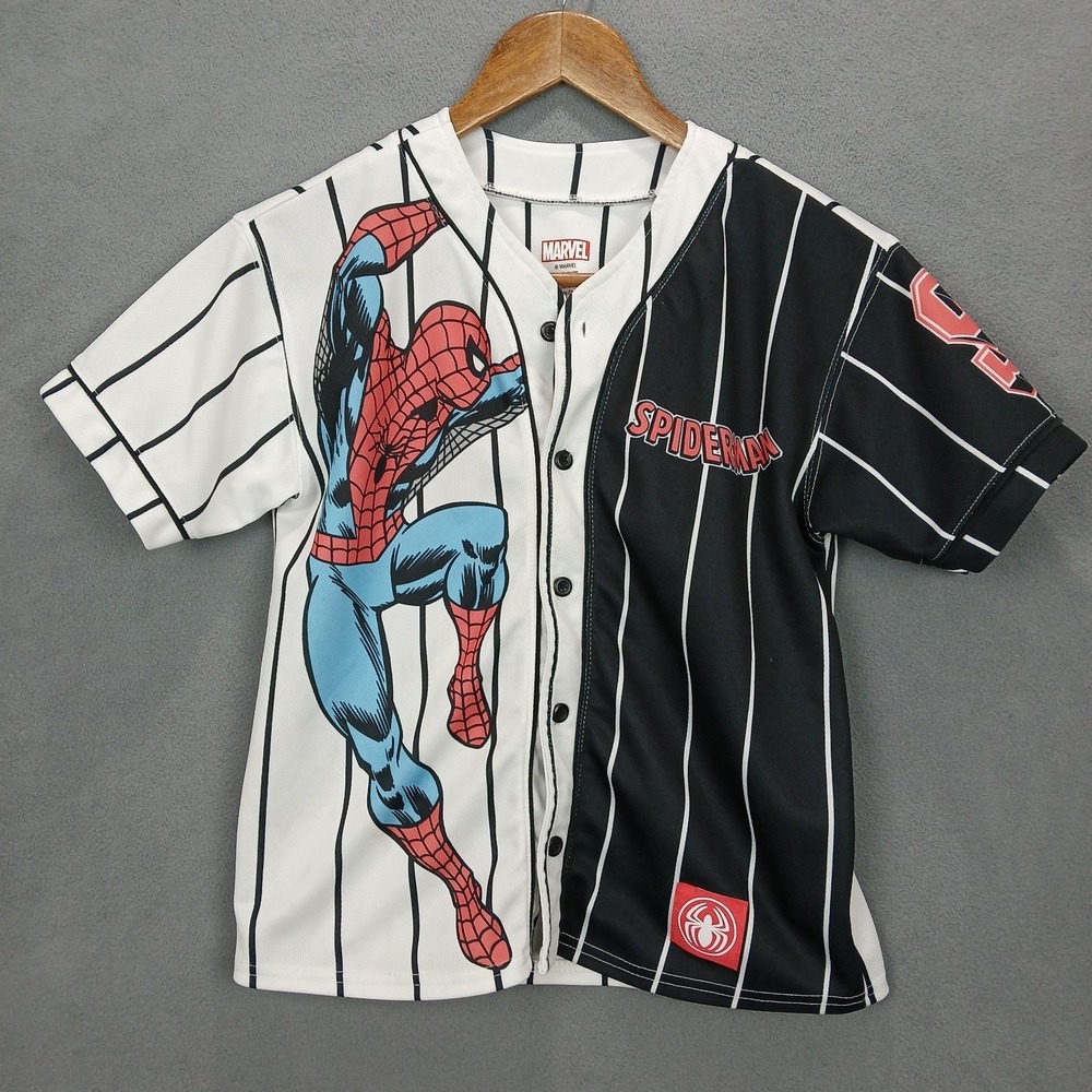 Marvel Spider-Man Baseball Jersey Shirt Mens Medium White Black Graphic Striped